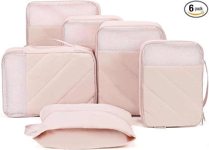 NISHEL 6 Set Packing Cubes for Travel | Luggage Organizer Bags with Shoe Bag, Lightweight, Durable Space Saver Bags Travel Essentials, Pink by NISHEL