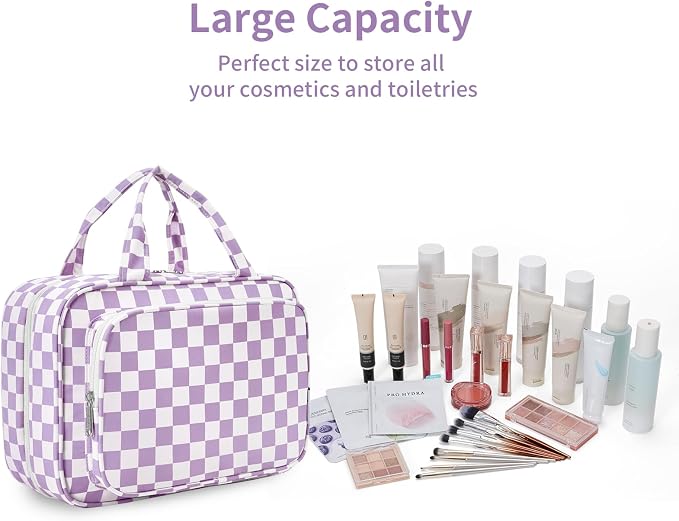 Narwey Travel Toiletry Bag for Women Large Hanging Makeup Bag Organizer Toiletries Bag for Full Size Essentials Accessories Cosmetics (Purple Checkerboard (Large)) - Image 6