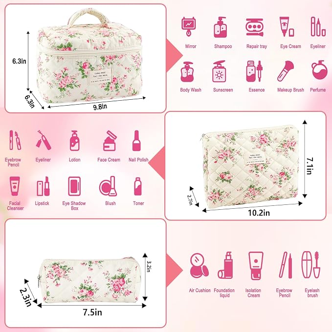URSKYTOUS 3Pcs Cotton Quilted Makeup Bag for Women Girls Large Small Travel Pink Floral Cosmetic Bags Set Cute Coquette Makeup Pouch for Purse Aesthetic Cloth Flower Storage Toiletry Bag Organizer - Image 2
