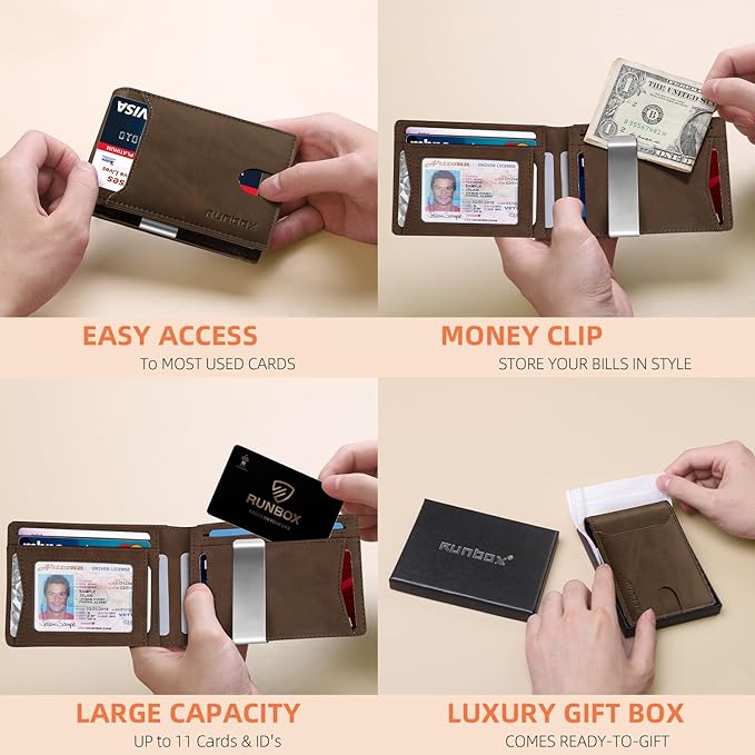 RUNBOX Slim Wallet for Men - RFID Blocking Leather Bifold with Money Clip | Minimalist Front Pocket Wallet Holds 11 Cards,Slim Thin Design,RFID Blocking Protection, Practical Birthday Gifts for Men - Image 2