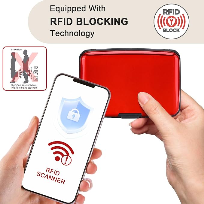 Mini RFID Aluminum Wallet Credit Cards Holder Business Card Case Metal ID Case for Men Women (Red) - Image 2