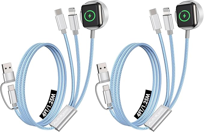 2Pack Travel Essentials,Multi Charging Cable for Apple Watch Charger Blue | 4FT for Airplane Gadgets RV Essentials for iWatch Ultra/10-2/iPhone 17-11/Samsung S25-S20,airPods,Car by Autallgee