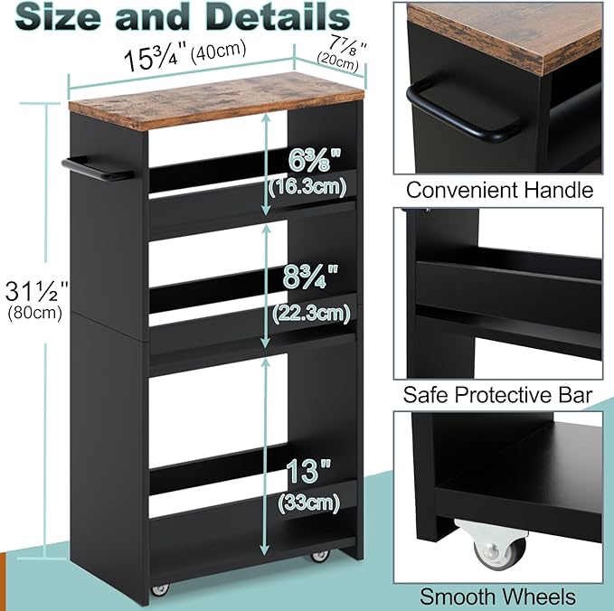 MARTY Slim Rolling Storage Cart 7.9" W Laundry Cart with Wheels,Brown+Black | Narrow Utility Cart Between Washer and Dryer, 3 Tier Mobile Shelving Unit for Kitchen, Laundry, Bathroom, Office, Living Room - Image 6