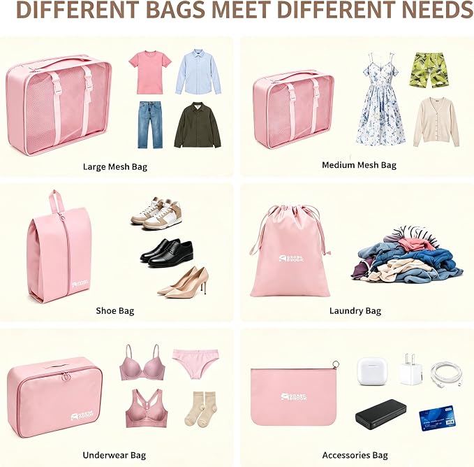 6 Set Packing Cubes, Luggage Packing Organizers for Travel Accessories, Carry on Suitcase Organizer Bags, Travel Essentials Luggage Accessories for Cruise Ship(Pink) - Image 3