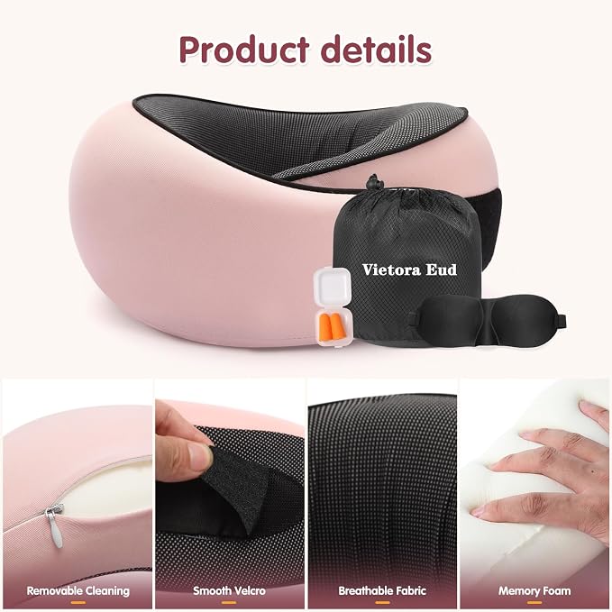 Travel Neck Pillow, Memory Foam Neck Support for Airplane, Car & Office, Breathable Portable Design with Eye Mask, Earplug Holder & Carry Bag, Gift for Women - Image 5