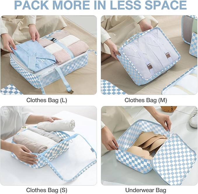 8 Set Packing Cubes for Suitcases, Packing Cube with Shoe, Cosmetics, Clothing, Accessories Bags Packing Cubes for Travel Luggage Organizer Women Men(Blue Checkered) - Image 4