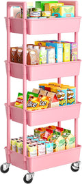 Pipishell 4 Tier Rolling Cart Organizer, Plastic Rolling Cart with Lockable Wheels & Reinforced Handle, Lightweight Utility Storage Cart for Nursery, Kitchen, Craft Room, Pink by Pipishell