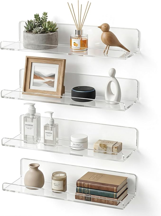 Clear Acrylic Floating Shelves, No Drill Adhesive Wall Shelves, 4 Pack | Clear Acrylic Design; 4 Pack Wall Shelves; Adhesive Mount Only; No Drill Installation; 12 lb Max Load by TQZDBXK