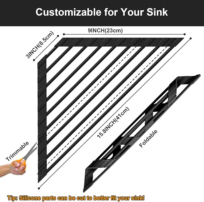 HANZENMA Triangular Sink Rack, Multi-Functional Rack Above the countertop, Foldable Sink Drying mat, Heat-Resistant, Non-Slip, and Rust-Proof Dish Rack (Black) - Image 2