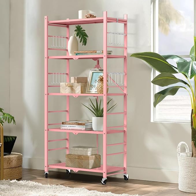 Himix 5-Tier Folding Storage Shelves with 20 Hooks Wheels Home Pink | Folding shelving units, Metal collapsible organization, Wire shelf, No assembly, Kitchen, Room, Holds 440 Ibs No assembly - Image 2