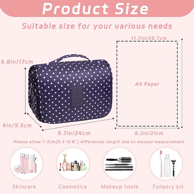 Toiletry Bag Travel Bag with Hanging Hook for Women and Men,Navy Dot | Waterproof Small Capacity Hanging Multifunctional Makeup Bag for Toiletries, Portable Cosmetic Bag Travel Organizer - Image 2