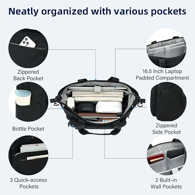 HanTrip Large Laptop Tote Bag with Luggage Sleeve for Travel Work, Black | 16.5 Inch Laptop Sleeve, 31L Zippered Tote Bags, Water Resistant, Water Bottle Pocket, Detachable Adjustable Shoulder Strap - Image 3