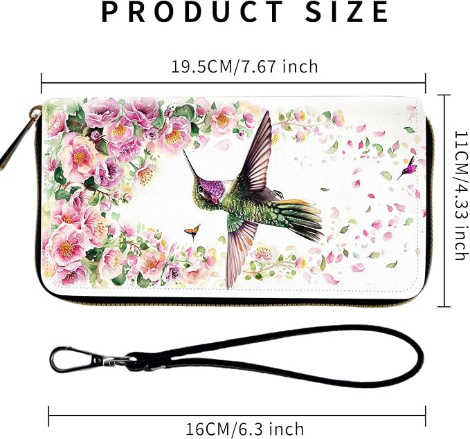 Wallet,Leather Long Wallet Suitable For Ladies And Teenagers - Detachable Wristband + RFID Travel Wallet With Card Slot - Hummingbird and Flowers - Image 2
