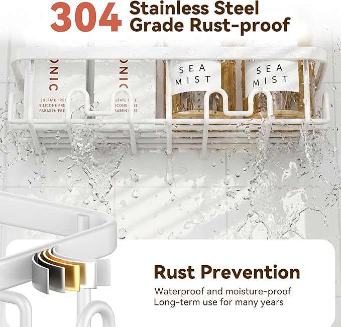 Shower Caddy Adhesive, Rustproof Shower Organizer, Wall Shower Rack | Large Capacity Shower Shelves for Inside Shower, Shampoo Shower Holder, White, 2 Caddies, 2 Soap Dishes, 1 Toothbrush Holder - Image 5