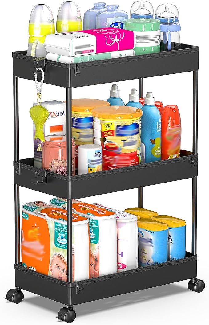 SPACEKEEPER 3 Tier Rolling Cart, Bathroom Cart Organizer with Wheels, Black | Mobile Storage Cart for Laundry Room Organization,Kitchen,Office,Bathroom, Utility Cart for Snack,Craft,Art,Makeup,Nail,Toys by SPACEKEEPER