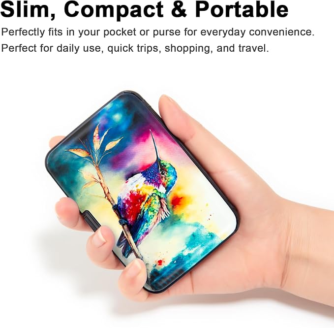 Credit Card Holder for Women Men RFID Blocking Wallet Small Business Metal Slim Mini Aluminum Hard Case (Watercolor Painting Hummingbird) - Image 3