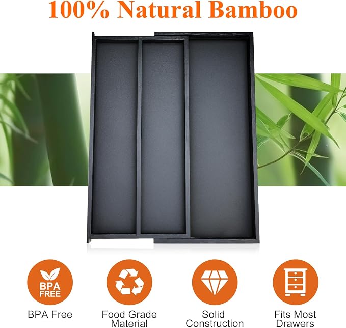 Expandable Black Bamboo Kitchen Utensils Drawer Organizer Silverware Tray | Large Cooking Utensil Tray Drawer Divider Insert Big Spatula Cutlery Holder Knife Spoon Flatware Wood Kitchen Tool Organizer - Image 7