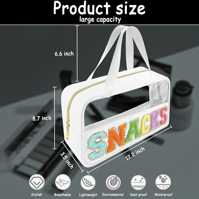 Bunliuys Chenille Letter Clear Makeup Bag Travel Patch, Travel Toiletry Makeup Bag with Handle, Nylon Waterproof Makeup Bags clear cosmetic bag, preppy patch makeup bag for Women (SNACKS-White) - Image 2