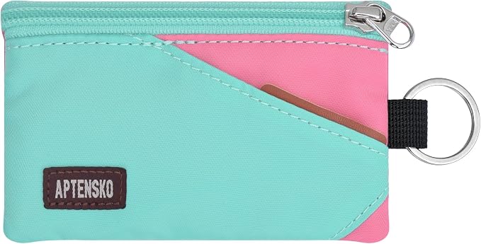 RFID Blocking Travel Wallet with Adjustable Lanyard, Small Nylon Zipper Pouch and Badge Holder for ID, Credit Cards, Cash, Keys, Commuters (Mint Aqua+Pink) by APTENSKO