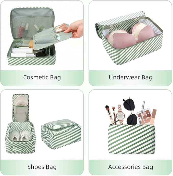 BAGAIL 8 Set Packing Cubes Luggage Packing Organizers for Travel Accessories-White and Matcha Stripe - Image 4