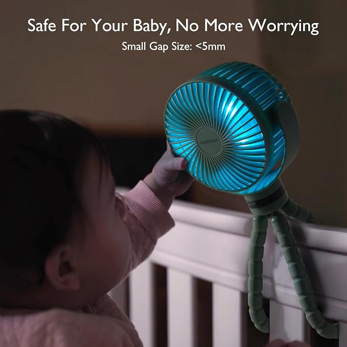 Momcozy 8000mAh Portable Stroller Fan, 27H Ultra-long Battery Life | Detachable 4 Speed 360°Rotate LED Night Light with 2 Modes, USB Rechargeable Handheld Cooling Fan for Travel/Car Seat/Bedroom - Image 4