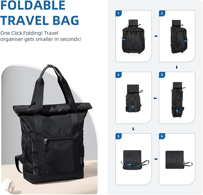 Foldable Convertible Tote Backpack Lightweight Versatile Nylon Daypack for Women Men Work Leisure Travel,Black - Image 5