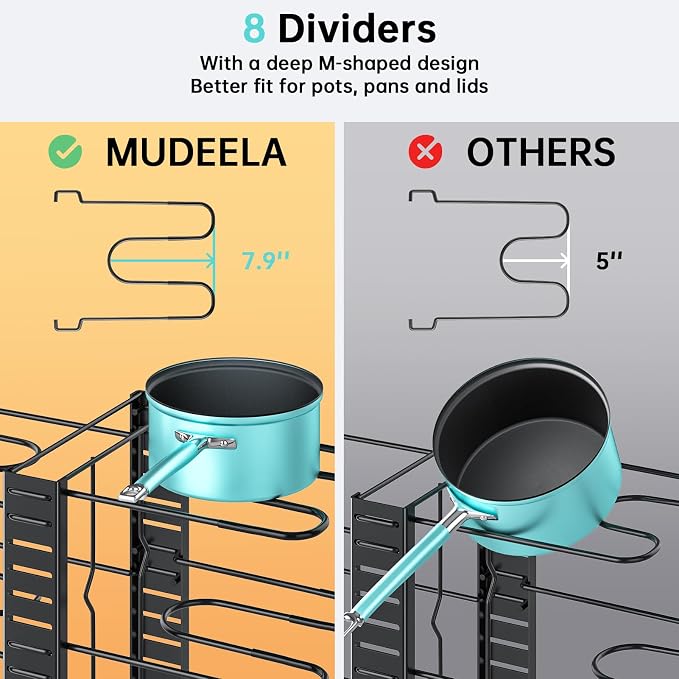 MUDEELA 8-Tier Lightweight pot and pan organizer for under cabinet, 16.6" H | 3 DIY Methods, Holds up to 12-inch cookware neatly, Adjustable Pot Pan Rack, Pot Lid holder for Kitchen, Easy Assembly - Image 4