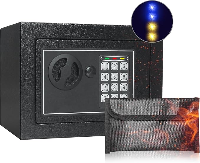 Money Safe Box for Home with 4 LED Color Sensor Light & Fireproof Money Bag, 0.23CUFT, Security Lock Box with Keys & Pass Code, Fireproof Safe with Digital Keypad, 3mm Thickness Door by Samyersafe