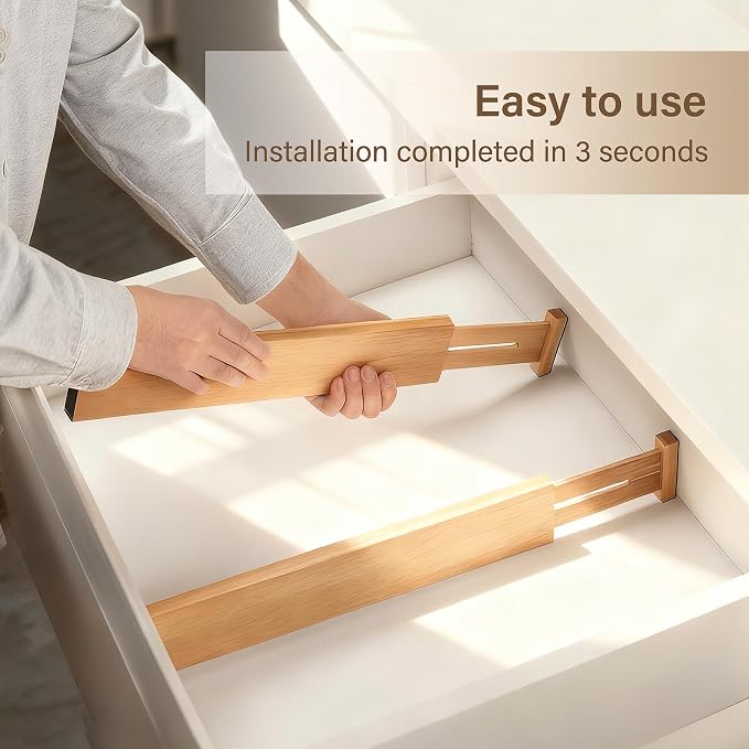 Adjustable Bamboo Drawer Dividers of 8, Expandable Organizers (16.9"-22.2") | Spring-Loaded Kitchen Drawer Organizer, Non-Slip Ends, 2.2" High, Easy Setup & Clean, for Kitchen, Dresser, Clothes, Bath - Image 5