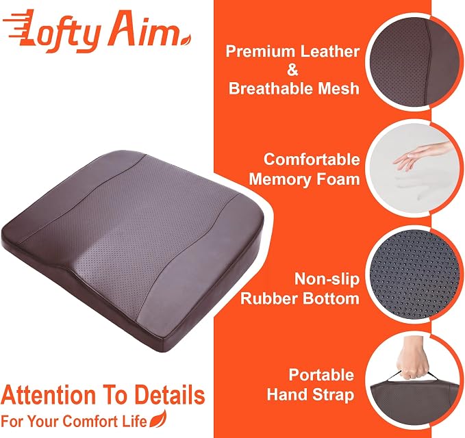Lofty Aim Car Seat Cushion, Memory Foam Car Seat Cushions for Long Driving | Driver Seat Cushion Adds Height, Auto Seat Pillow for Sciatica Pain Relief, Butt Cushion for Car, Truck, PU Leather Brown - Image 6