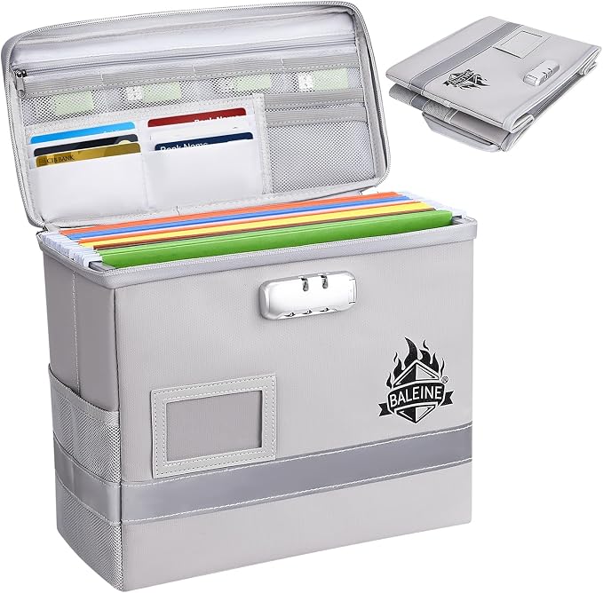 BALEINE Fireproof Document Box with Lock, Portable Fireproof Document Bag Waterproof Fire Proof File Boxes for Documents, File Organizer Box for Important Paperwork (Silver, 12.5''x10.5''x6'') by BALEINE