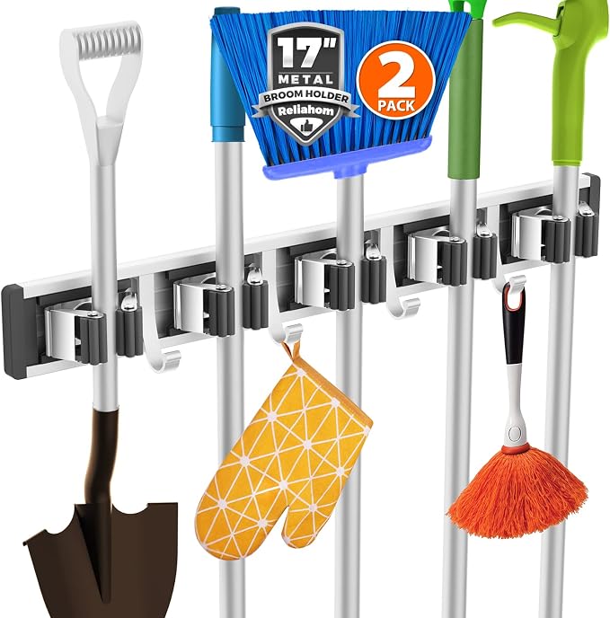reliahom Broom Holder Wall Mount Mop Hanger Tools organizer 5Racks4Hooks,2P | Adjustable Mop Broom Wall Hanging Heavy Duty Tools Storage Rack Space-saving for Garage,Kitchen,Laundry Room,Garden, Black by reliahom