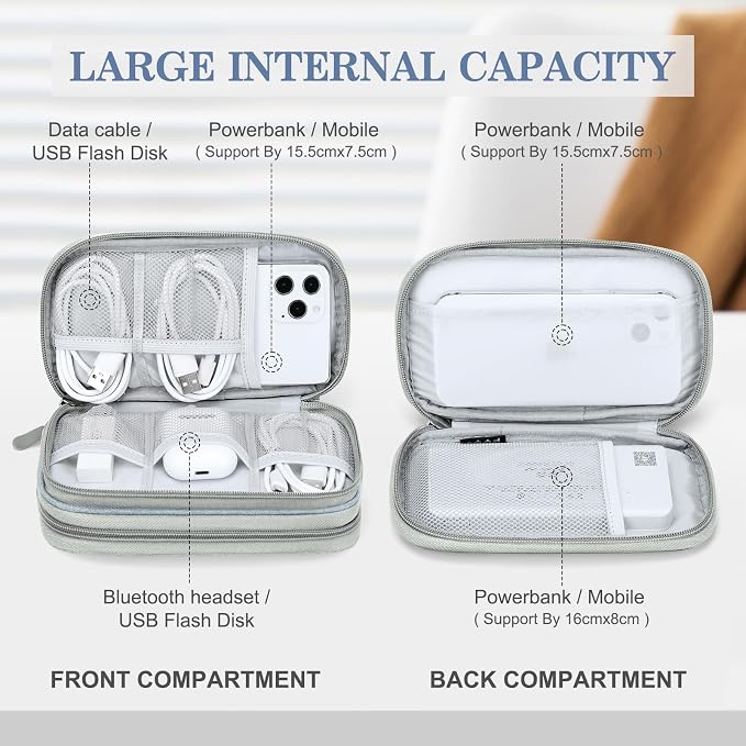 FYY Electronic Organizer, Travel Tech Pouch Bag, Cable Organizer Light Grey | Wrist Strap, Waterproof, Double Layers Portable Electronics Travel Carrying Case for Cord, Charger, Daily Business Trips Use - Image 3