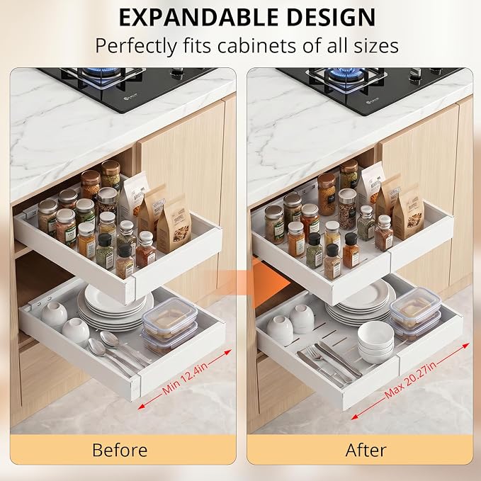 DOMNIU 4 Pack Pull Out Cabinet Organizers Expandable Width (12.4''-20.27'') | Upgrade 3 Slide Rails Sliding Drawer for Kitchen Cabinet Organizer with Adhesive Nano Film, White - Image 2