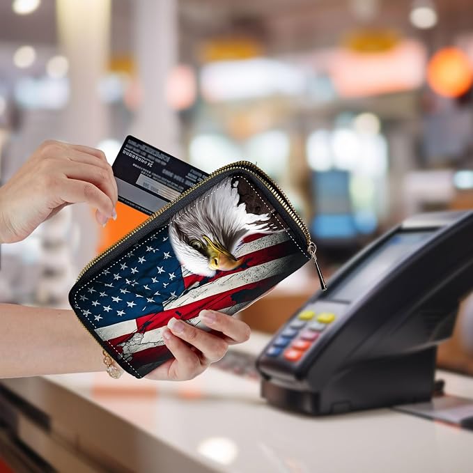 Wallet,Leather Long Wallet Suitable For Ladies And Teenagers - Detachable Wristband + RFID Travel Wallet With Card Slot - Bald Eagle American Flag - Image 5