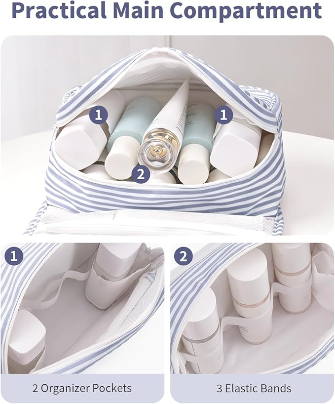 Narwey Small Hanging Toiletry Bag for Travel Women Girl, Striped Toiletries Travel Bag with Hook, Hanging Makeup Bag Organizer Make Up Cosmetic Bags, Gifts for Kids Teen (Greyish Blue Stripe) - Image 4