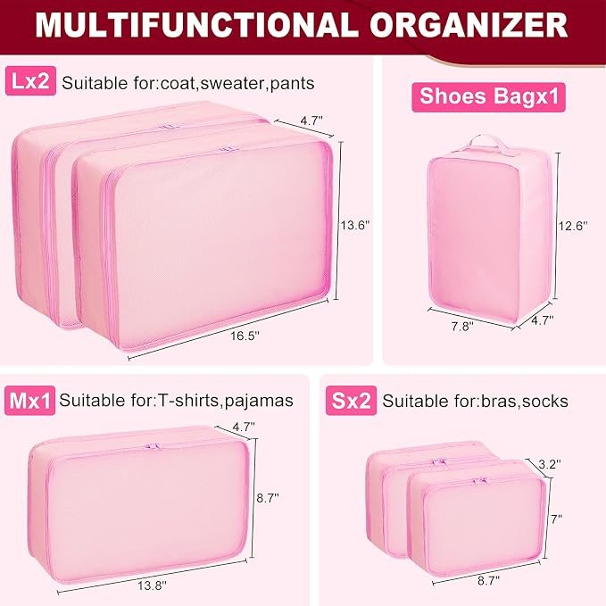 Packing cubes for Travel, CALACH Luggage Organizer Bags 6 Set Packing Cubes for Suitcases Travel Essentials for Carry on Mesh Suitcase Organizer with Shoe Bag (pink) - Image 2