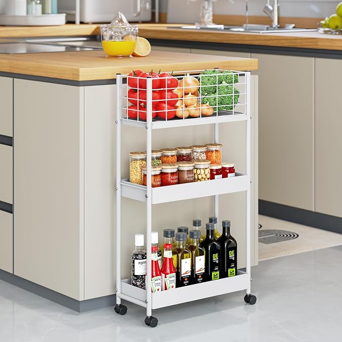 KINGRACK Slim Rolling Storage Cart 3 Tier - Heavy Duty Metal Utility Cart with Raised Edge & Wheels, Narrow Small Mobile Organizer Shelves for Bathroom, Kitchen, Laundry, Office, Living Room, White - Image 6