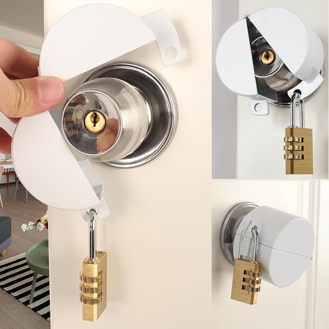 Door Knob with Lock,Without Drilling,Dementia Door Handle Lock，from Outside Prevents Turning of Door Knob and Access to Keyhole,for Apartment Evictions，Childproof (White with Padlock) - Image 5