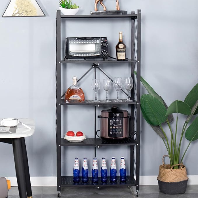 Life Hacks 2pcs 4-Tier Foldable Shelves for Storage, No Assembly Required, Folding Shelf Unit Pantry Shelves with Wheels, Metal Shelving Storage Rack Shelf for Kitchen Garage Home - Image 7