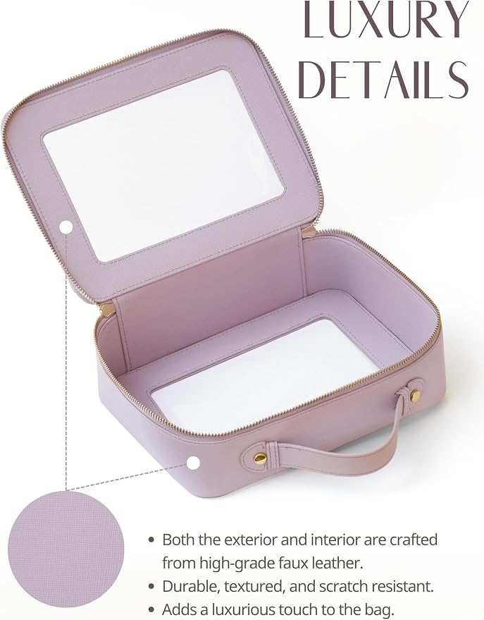 Clear Large Makeup Bag Mahjong Tile Bag with Zipper & Handle Purple | Structured Large Travel Makeup Bag for Toiletries for Women, Big Long-trip Cosmetic Case, Waterproof PU Leather, Wide Opening - Image 5