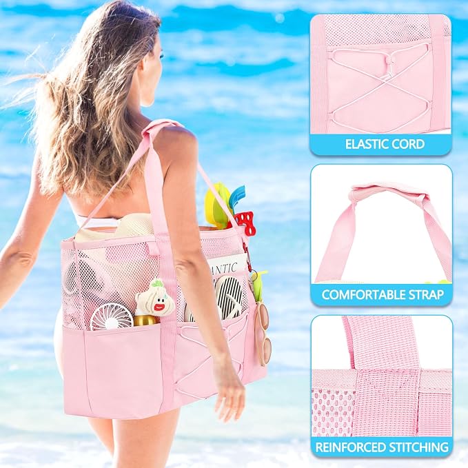 Fammart Mesh Beach Bag for Women, Large Beach Toy Pool Bag with Zipper Pocket, SandProof Cruise Essentials 2026 Family Travel - Image 7