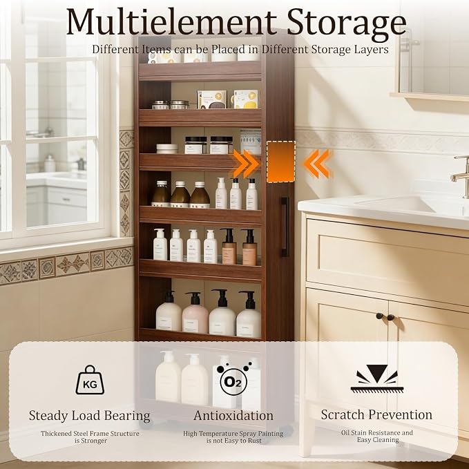Rolling Spice Rack Next to Side of Fridge Storage Slim Narrow Shelf Lightweight 7 Tier Wooden Storage Cart for Kitchen, Dining Room, Bathroom, Small Spaces (Teak, 72.4" H x 9.8" W x 21.6" D) - Image 5