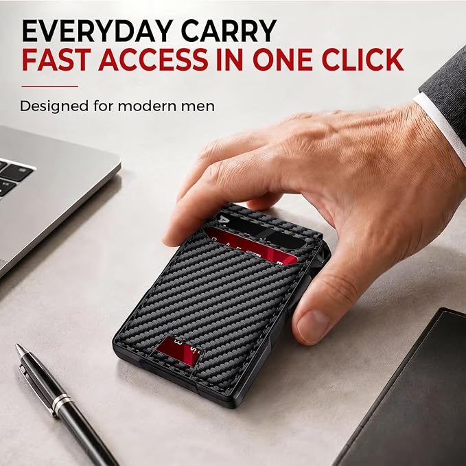 RUNBOX Wallet for Men, Mens Minimalist Wallet Holds 14 Cards, Compact Pop Up Wallet with Dual ID Windows & Money Clip, RFID Blocking Flip Up Card Holder, Metal Aluminum Credit Card Case Bifold Wallet - Image 2