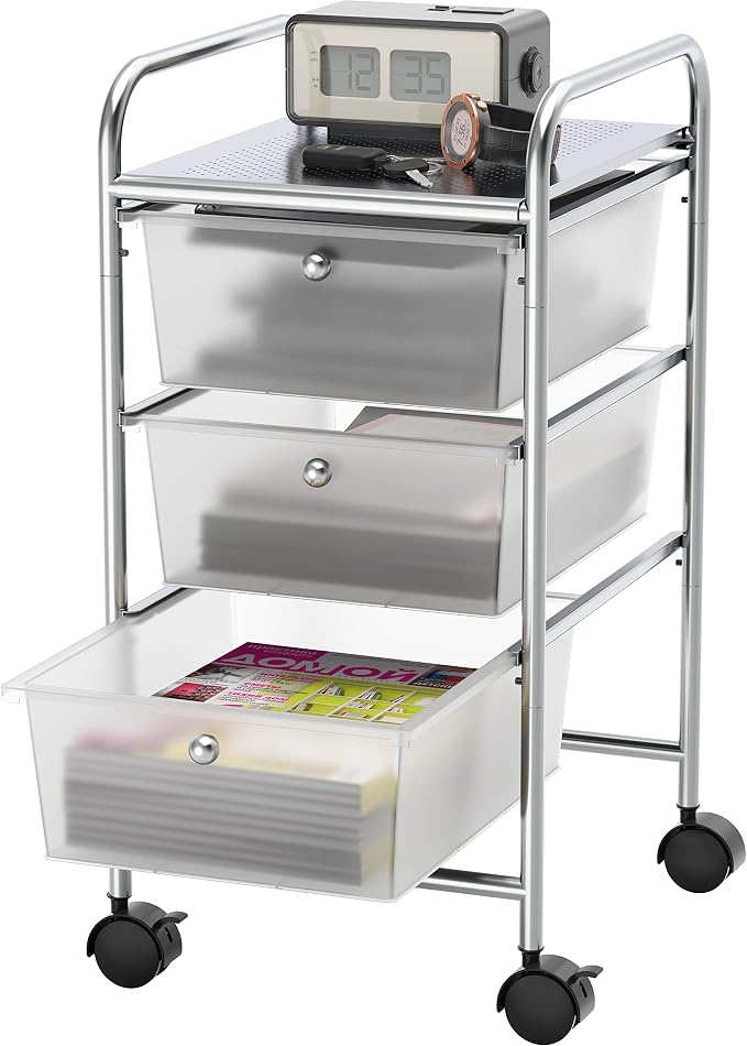 Simple Houseware 3 Drawers Rolling Utility Cart Art Craft Organizer, Chrome | 1-Column, 25.4" Height, Lockable Wheels, for School, Office, Art Craft, and Paper Storage by SimpleHouseware