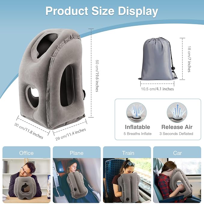 MoKo Inflatable Travel Pillow, Neck Pillow with Storage Bag, Gray | Ergonomic design airplane pillow, optimal neck support. Cutouts to avoid arm numbness. Heart-shaped vent. With storage bag - Image 6