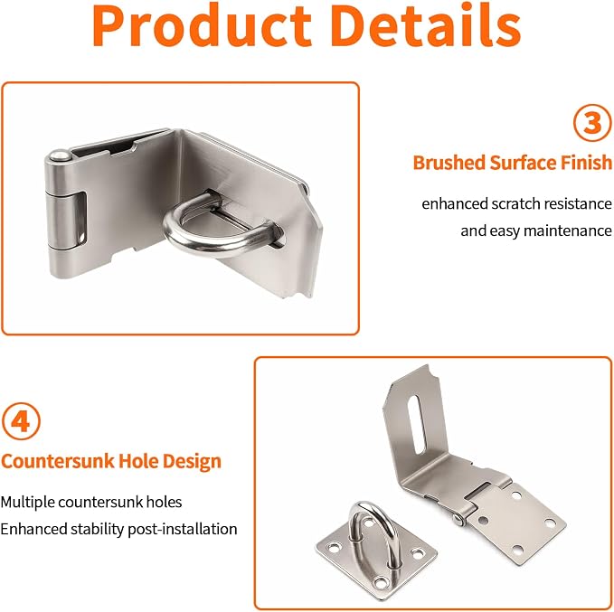 HOWDIA 4 Inch Door Hasp Latch 90 Degree, Stainless Steel Safety Right Angle Padlock Hasp Locking Latch Security Door Clasp Hasp Lock Latch for Push/Sliding/Barn Door, 2mm Thick, Brushed Silver - Image 9