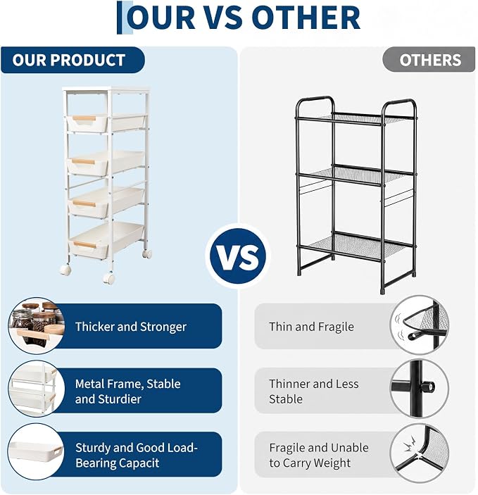 Garvee 5-Tier Slim Rolling Storage Cart, 9.5" Wooden Top Narrow Kitchen Carts on Wheels with Pull-Out Baskets, Mobile Shelving Unit Organizer for Kitchen, Bathroom, Laundry Room, Small Spaces - Image 5