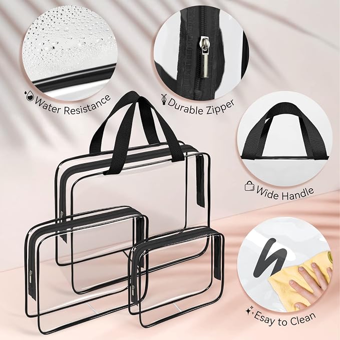 TISRATOK 10 PCS Clear Travel Bags for Toiletries, Clear Makeup Bags （Black） | 3 Size plastic clear bags with zipper handbag, TSA approved cosmetic pouch for travel, swimsuit,toy storage bags - Image 6