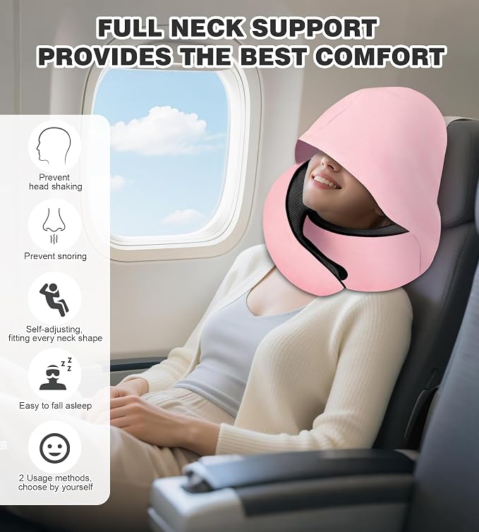 Travel Neck Pillow, Newly Upgraded Hooded Neck Pillow,100% Pure Memory Foam Travel Pillow for Flight Headrest Sleep,Portable Aircraft Accessory,Suitable for use in Plane/Car/Office(Pink) - Image 6